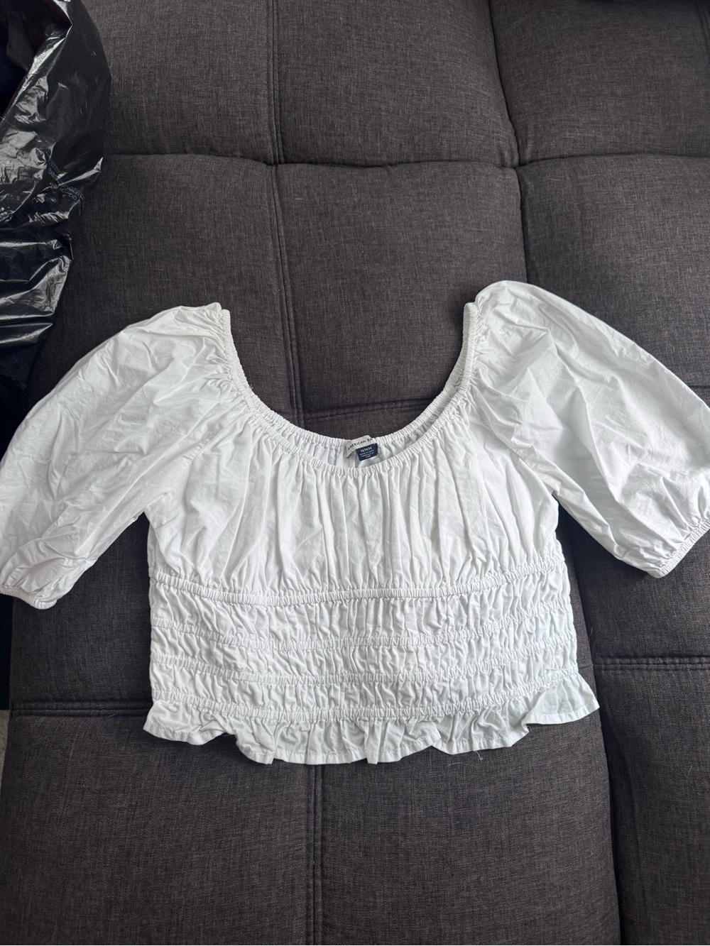American Eagle Outfitters White Smocked Puff-Sleeve Crop Top